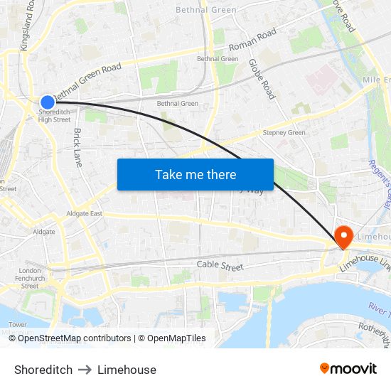 Shoreditch to Limehouse map