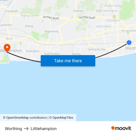 Worthing to Littlehampton map
