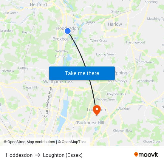 Hoddesdon to Loughton (Essex) map