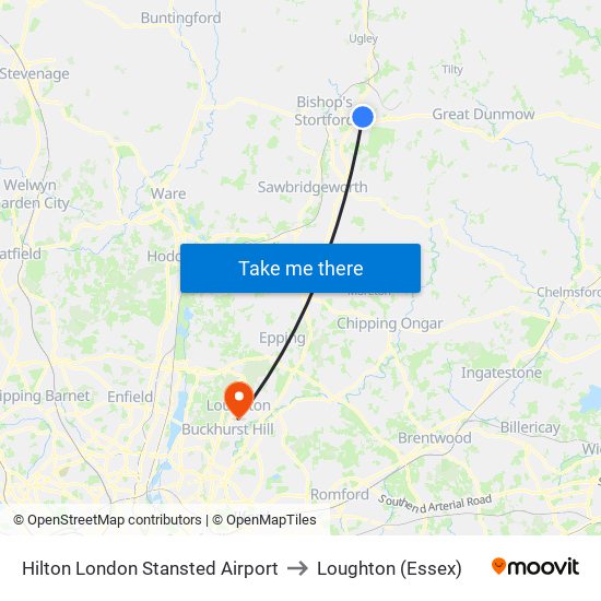 Hilton London Stansted Airport to Loughton (Essex) map