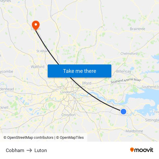 Cobham to Luton map