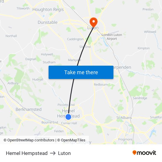 Hemel Hempstead to Luton map