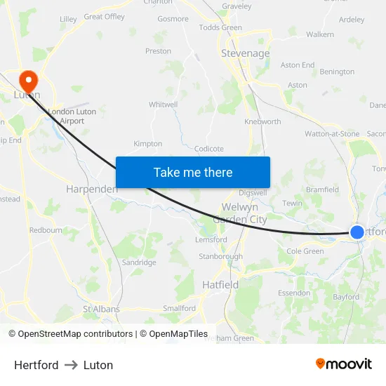 Hertford to Luton map