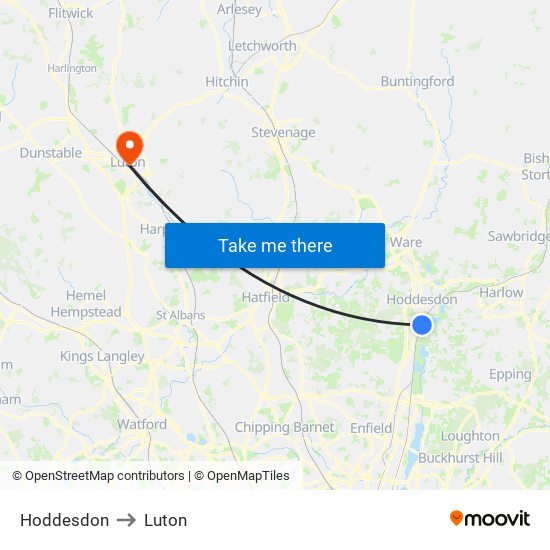 Hoddesdon to Luton map