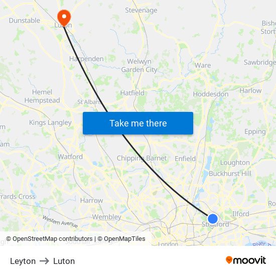 Leyton to Luton map