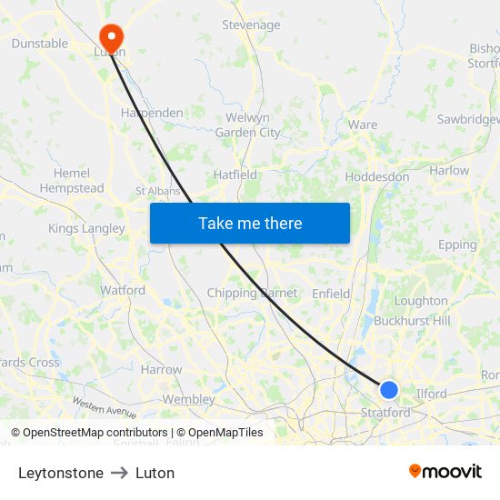 Leytonstone to Luton map