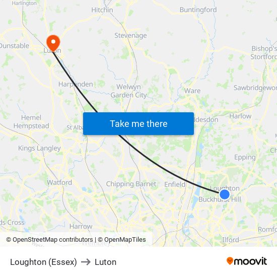 Loughton (Essex) to Luton map