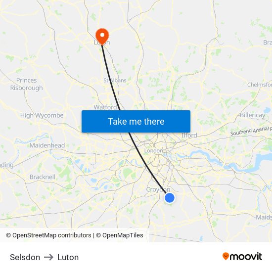 Selsdon to Luton map