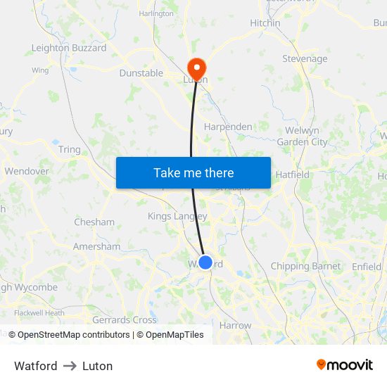 Watford to Luton map