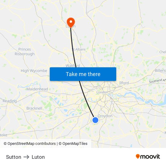 Sutton to Luton map