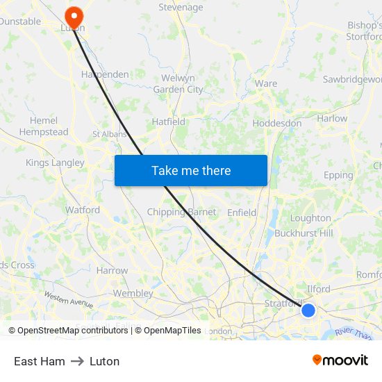 East Ham to Luton map