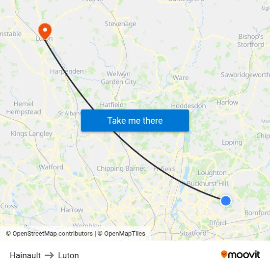 Hainault to Luton map
