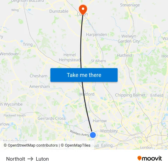 Northolt to Luton map