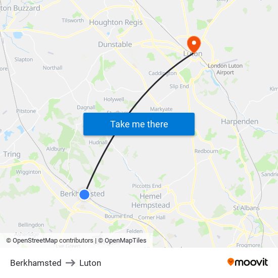 Berkhamsted to Luton map