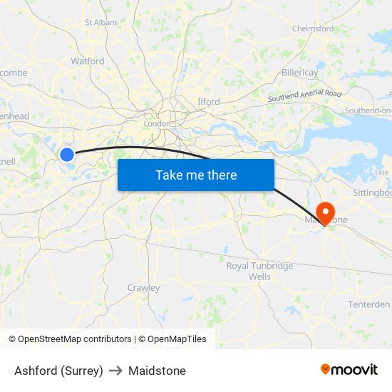 Ashford (Surrey) to Maidstone map