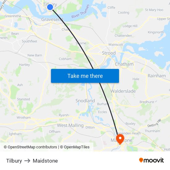 Tilbury to Maidstone map