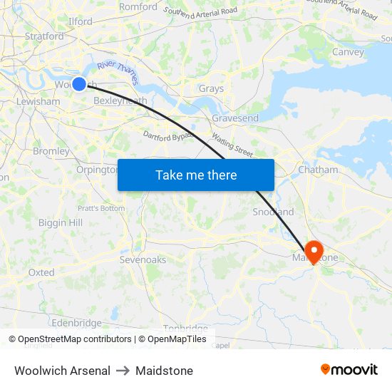 Woolwich Arsenal to Maidstone map