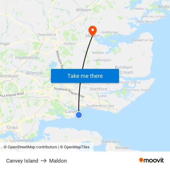 Canvey Island to Maldon map