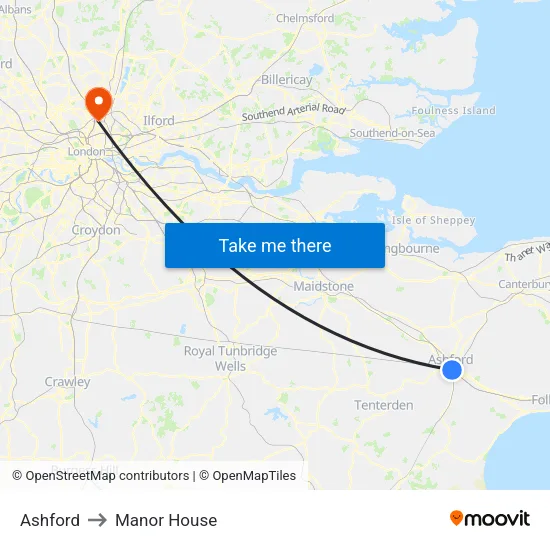 Ashford to Manor House map