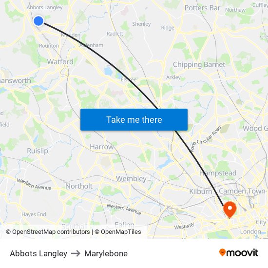 Abbots Langley to Marylebone map