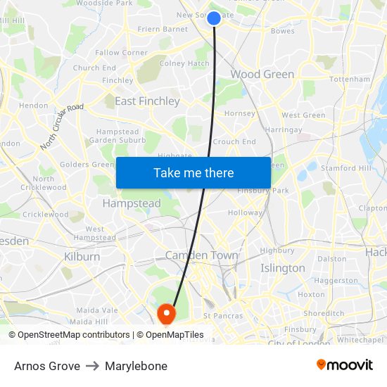 Arnos Grove to Marylebone map