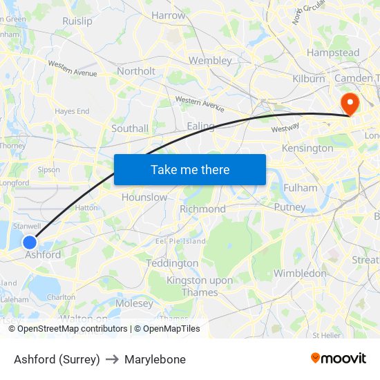 Ashford (Surrey) to Marylebone map