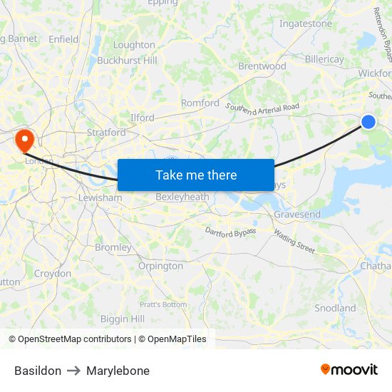 Basildon to Marylebone map