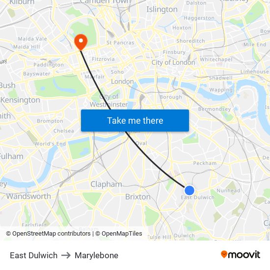 East Dulwich to Marylebone map