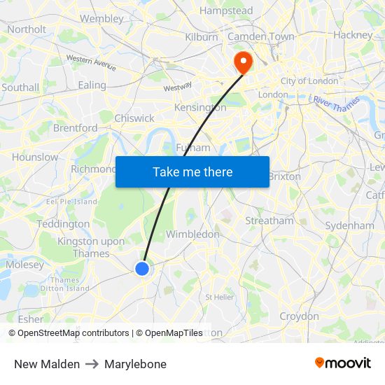 New Malden to Marylebone map