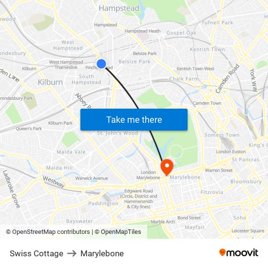 Swiss Cottage to Marylebone map