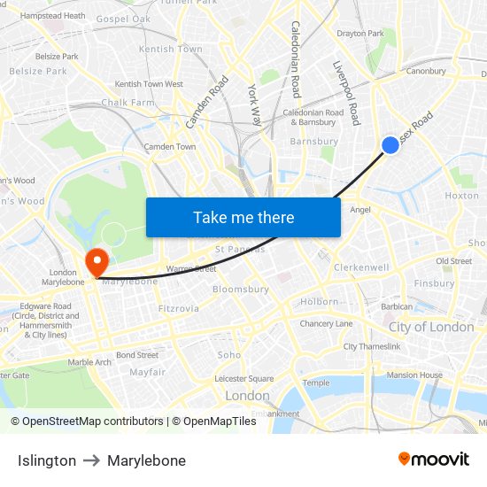 Islington to Marylebone map