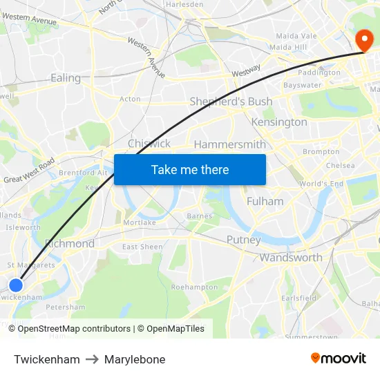 Twickenham to Marylebone map