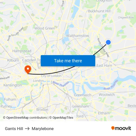 Gants Hill to Marylebone map
