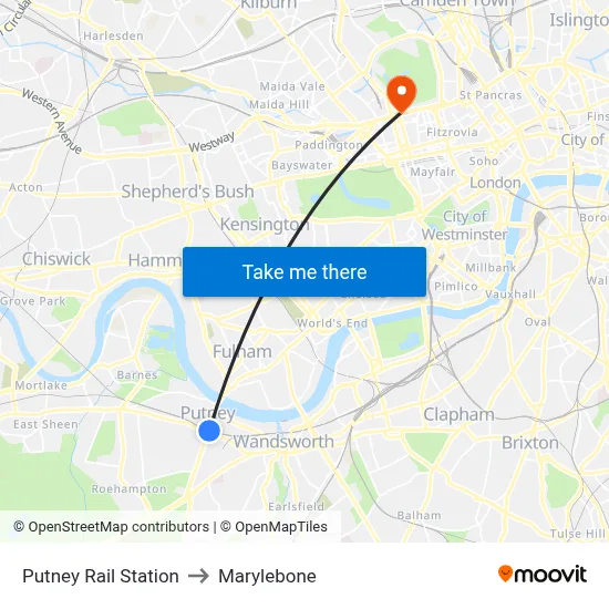 Putney Rail Station to Marylebone map