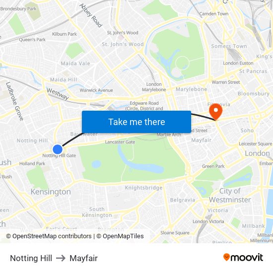 Notting Hill to Mayfair map