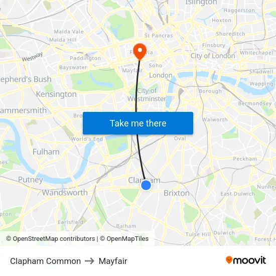 Clapham Common to Mayfair map