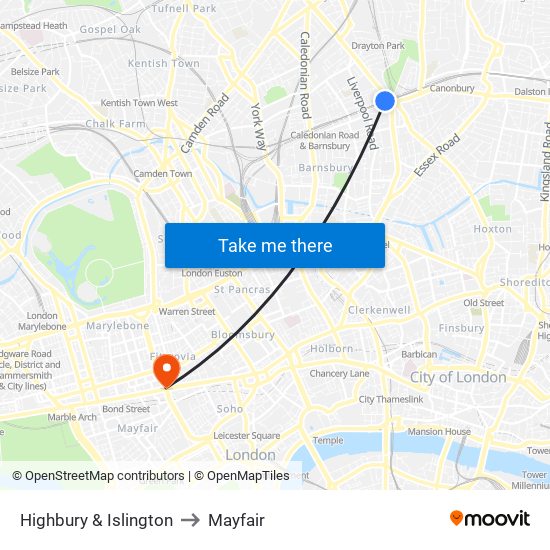 Highbury & Islington to Mayfair map