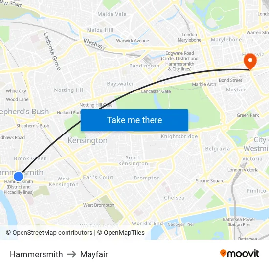 Hammersmith to Mayfair map