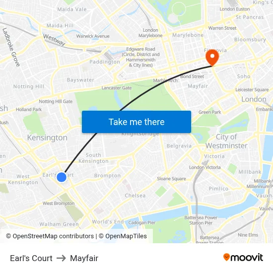 Earl's Court to Mayfair map