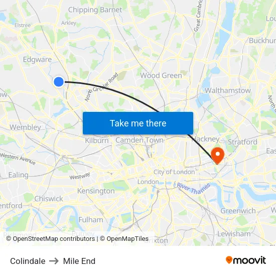 Colindale to Mile End map
