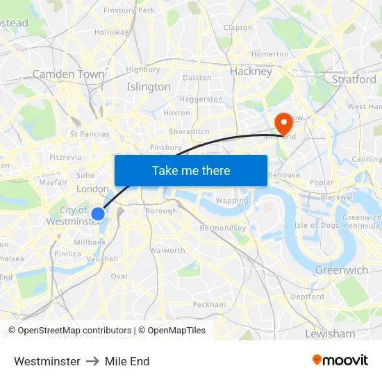 Westminster to Mile End map