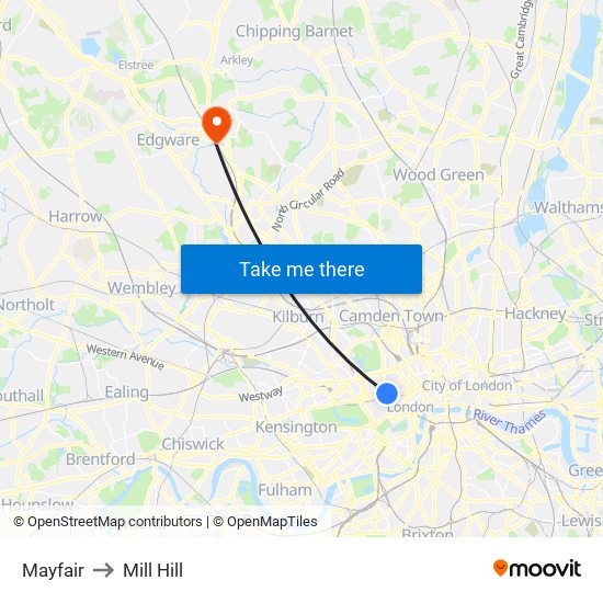 Mayfair to Mill Hill map