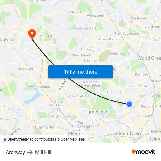 Archway to Mill Hill map