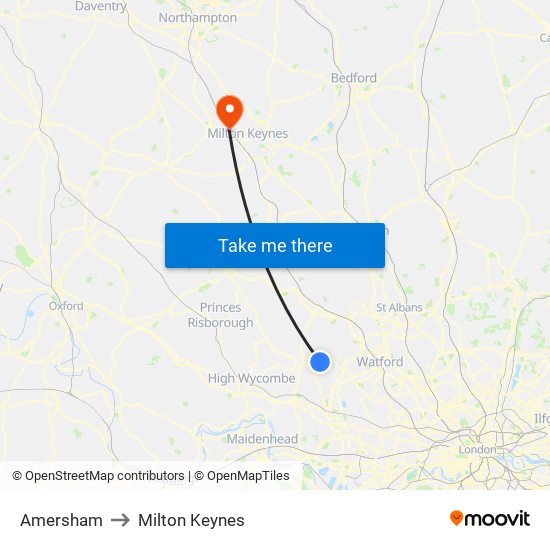 Amersham to Milton Keynes map