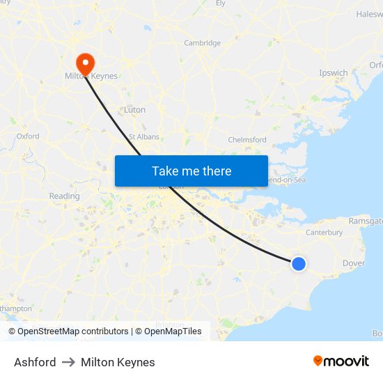 Ashford to Milton Keynes map