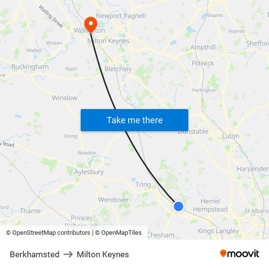 Berkhamsted to Milton Keynes map