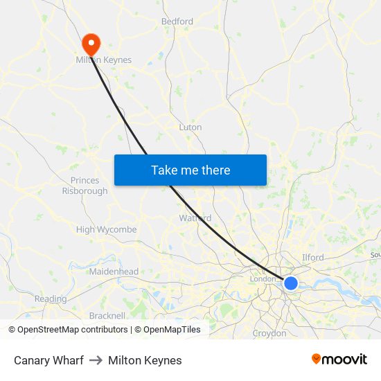 Canary Wharf to Milton Keynes map