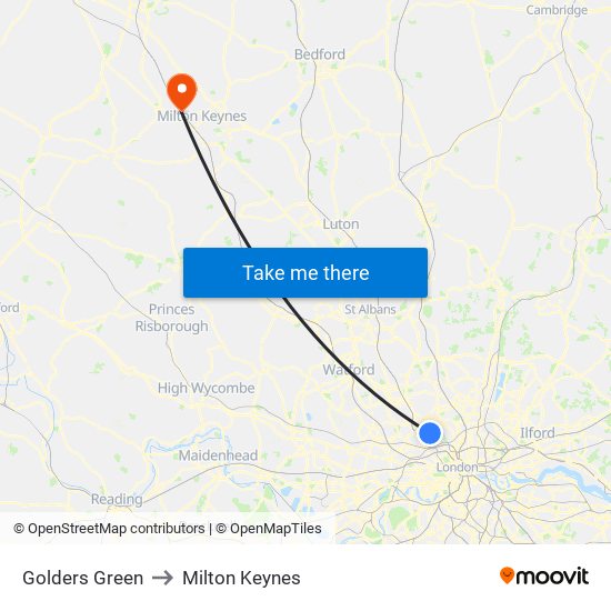 Golders Green to Milton Keynes map