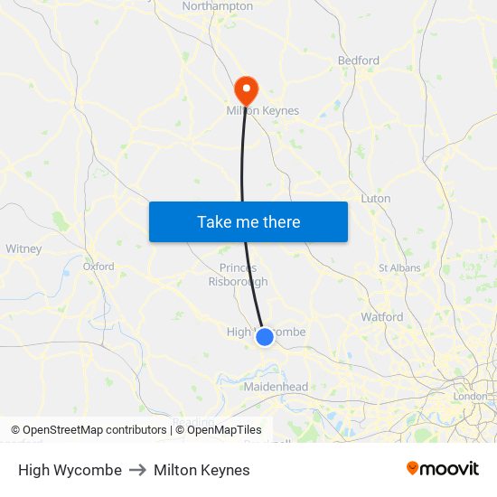 High Wycombe to Milton Keynes map