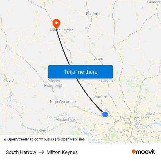 South Harrow to Milton Keynes map